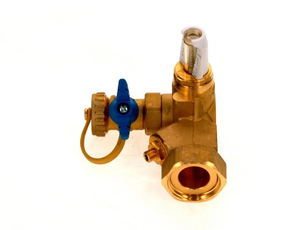 Durchflussbegrenzer aus Metall mit blauem Drehknopf und Messinstrument zur Regulierung des Wasserflusses. Marke Bosch.